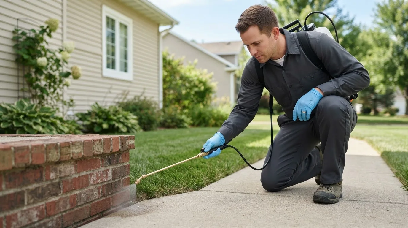 Pest control technician treating a home near Warren, IN