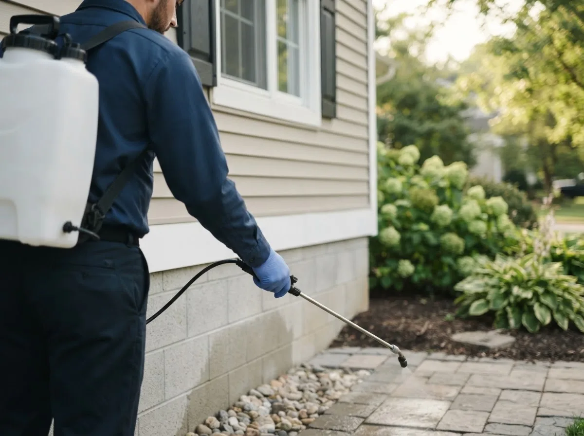 Pest control technician inspecting a home in Warren, IN